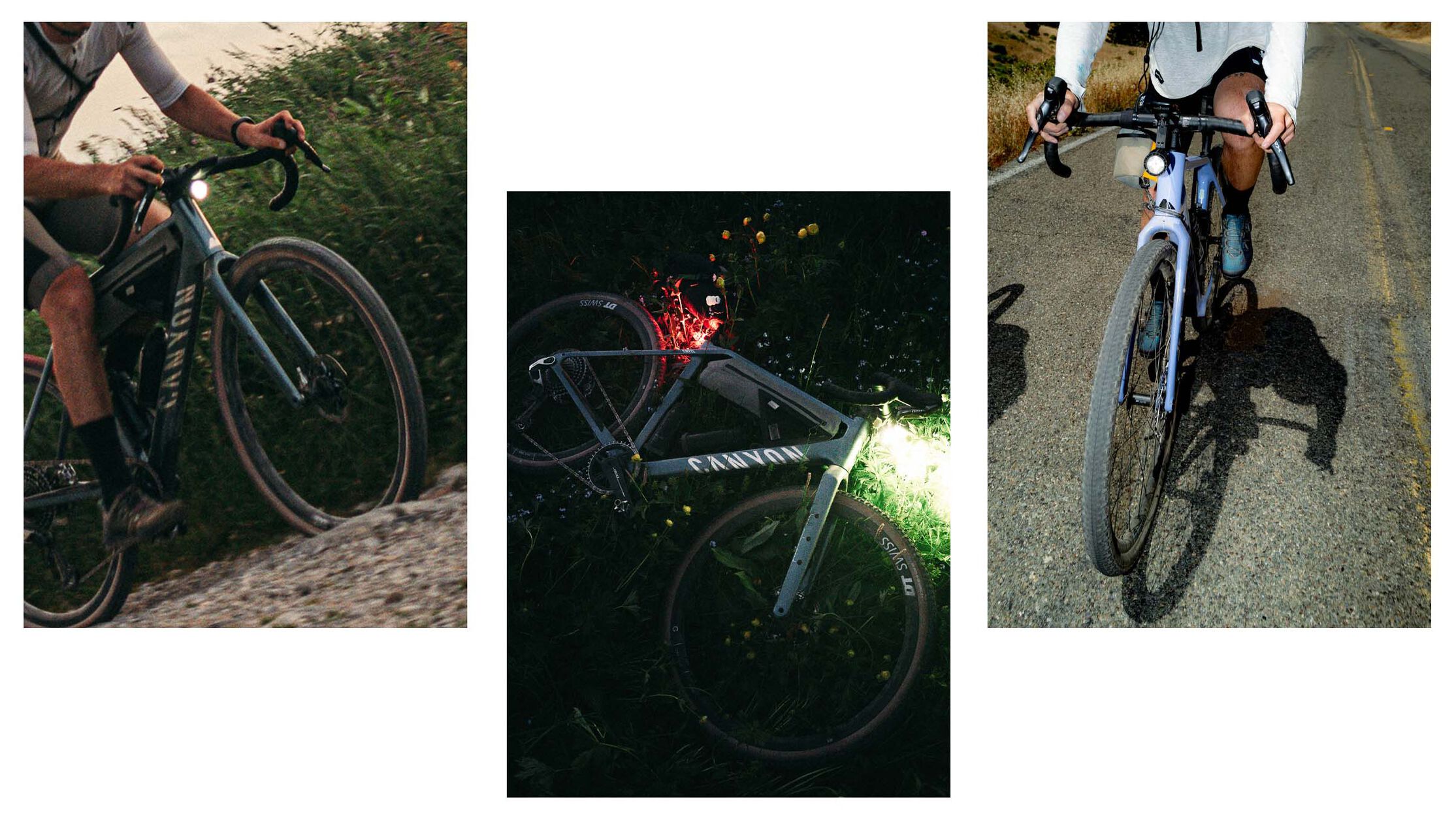 Bikepacking adventures with Canyon&mdash;versatile setups shown for gravel, night riding, and road touring.